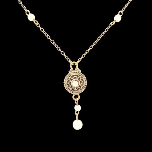 Vintage-Style Bronze Necklace Pink Pearl Accents & Ornate Central Pendant 16" - Picture 4 of 5